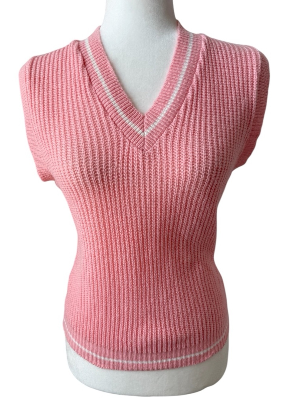 Vintage Y2K Pink Ribbed Knit Sweater Vest Made in USA Fitted Preppy 90s Small